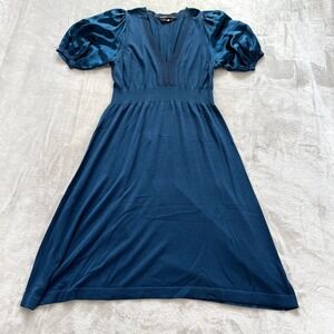 BCBGMAXAZRIA Silk Knit Dress S Teal Puff Sleeve V-Neck Empire Waist Romantic